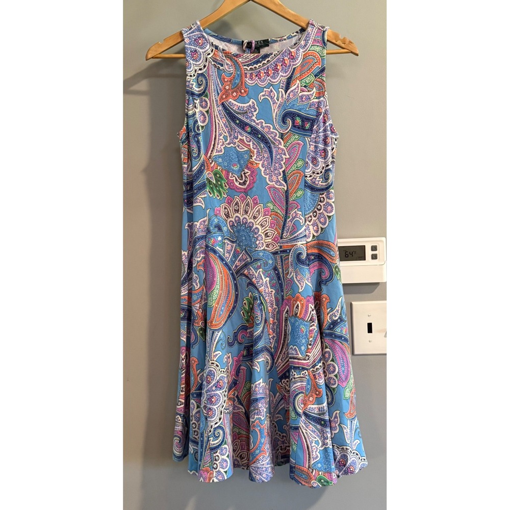 Lauren Ralph Lauren Dress Women PS Blue Paisley Fit Flare Sleeveless Petite 4697
